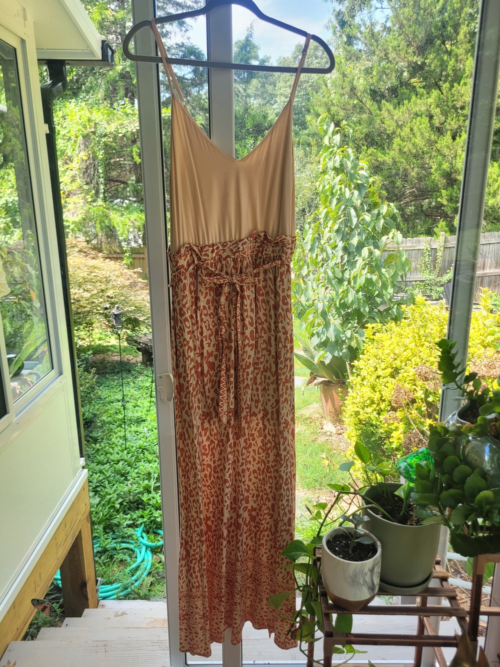 Sleeveless Cream and Rust Printed Maxi Dress with Tie Waist